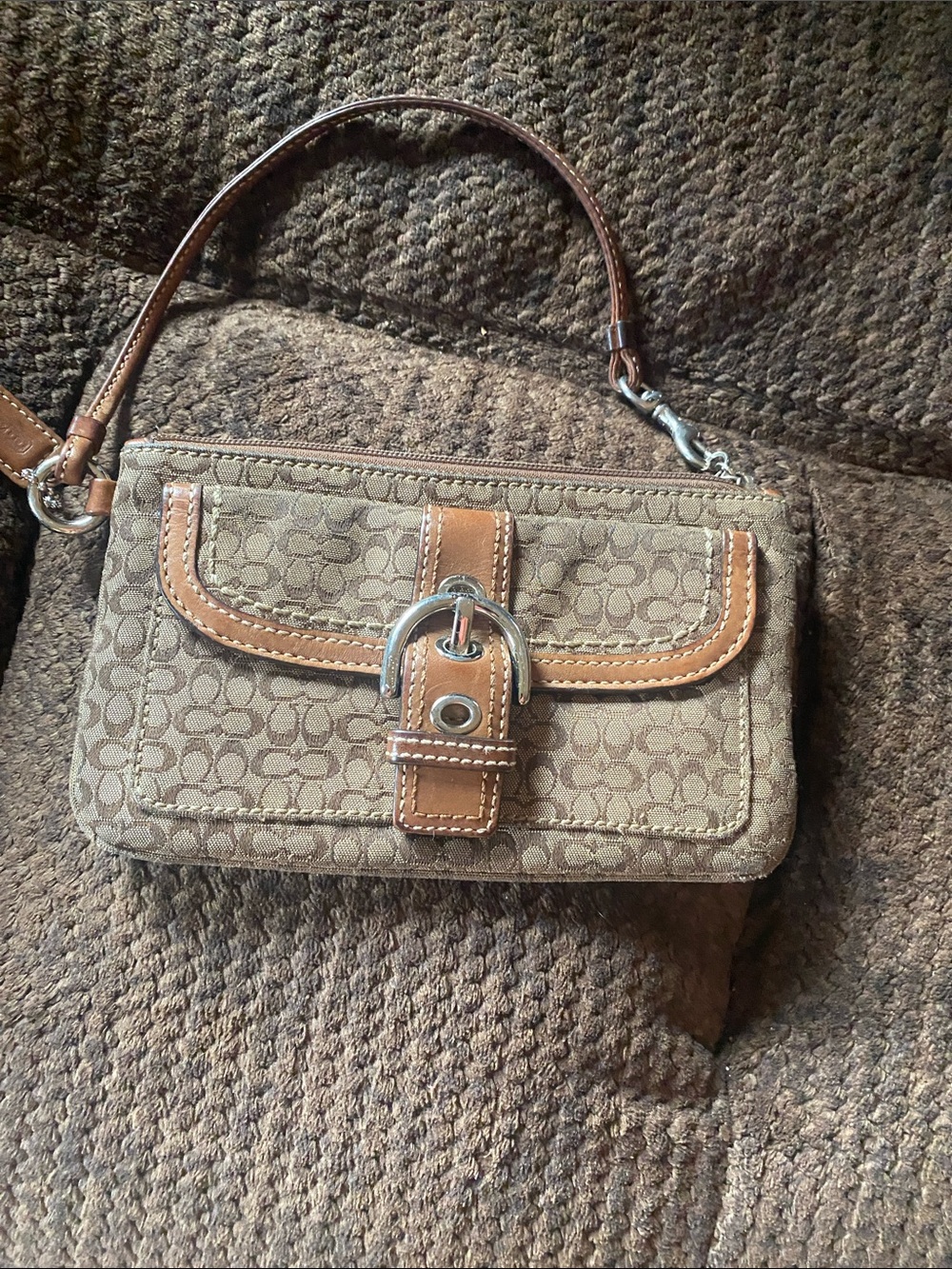 Coach Brown Signature Canvas Wristlet with Saddle Leather Trim